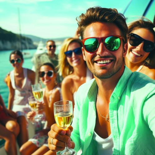 Group of friends relaxing on luxury yacht and drinking champagne at exclusive boat party.