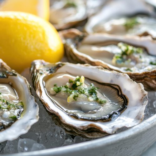 Fresh oysters with lemon and mignonette on a luxurious seafood tray.